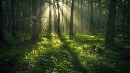 Tranquil Forest Scene with Sunlight Filtering Through Canopy