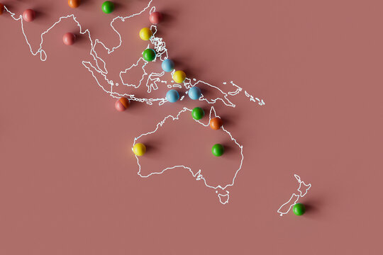 3D Render of Southeast Asia and Australia Map with Colorful Pins