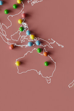 3D Render of South Asia Map with Multicolored Pins