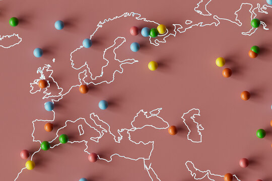 3D Render of Europe Map with Colorful Pins