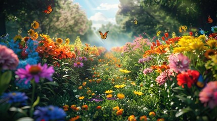 Blooming Garden Paradise: Colorful flowers and butterflies in a vibrant outdoor sanctuary on a sunny day
