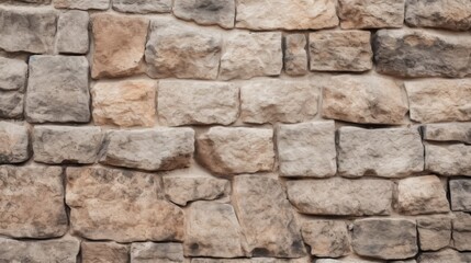Obraz premium An image showcasing a wall constructed with irregularly shaped stones, featuring a variety of natural colors, such as beige, gray, and brown, arranged in a random pattern.