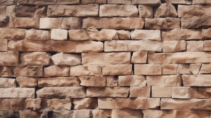 Obraz premium An image depicting a well-constructed brick wall made up of a variety of different shaped and sized bricks, displayed in an earthy tone to enhance its rustic appeal and texture.