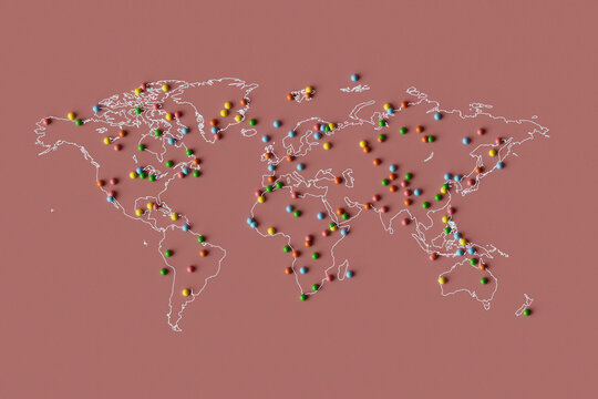 3D Render of World Map with Colored Pins