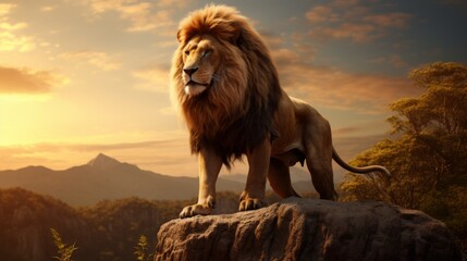 Obraz premium An imposing lion surveys its kingdom from atop a rocky ledge at sunset, epitomizing strength and majesty against a backdrop of a golden sky and vast wilderness.