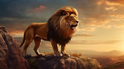 A lone lion stands on a rock, set against a colorful sky during sunset, embodying solitude and power in the vast landscape of the wild.