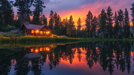 Obraz premium Serene Sunset at a Cozy Cabin by the Lake - Tranquil Nature Retreat Amidst Pine Trees