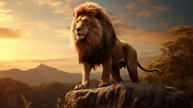 An imposing lion surveys its kingdom from atop a rocky ledge at sunset, epitomizing strength and majesty against a backdrop of a golden sky and vast wilderness.