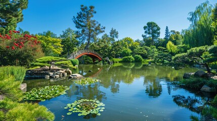 Serene Japanese Garden Oasis with Tranquil Pond and Arched Bridge