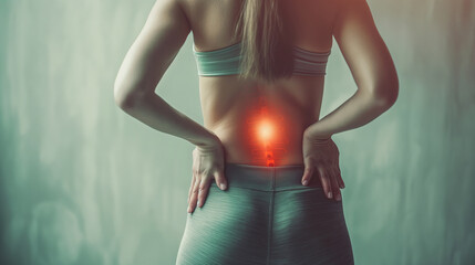 Woman Experiencing Lower Back Pain - Highlighted Spine Area Indicating Discomfort - Ideal for Health, Fitness, and Medical Themes Related to Pain Management and Physical Therapy