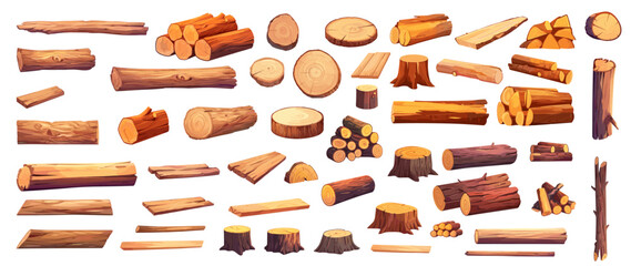 Cartoon raw wood set. Tree wooden trunk planks stump logs firewood twig, lumber industry material oak ring vector illustration