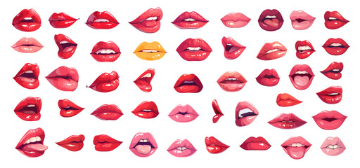 Cartoon red lips set. Woman cute lip open mouth sexy smiling kiss expressions sticking tongue, facial gestures vector illustration
