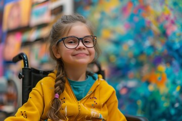 Inclusive image of little girl in a wheelchair during an art lesson, colorful classroom background. copy space