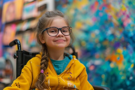 Inclusive image of little girl in a wheelchair during an art lesson, colorful classroom background. copy space	