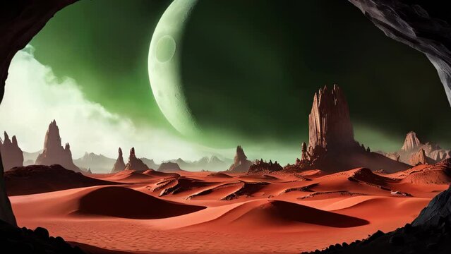 Fantastic martian landscape in rusty orange shades, Mars surface, Desert, Cliffs, sand. Alien landscape. Red planet mars. High quality 4k footage