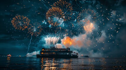 A fireworks barge anchored offshore, launching volleys of pyrotechnics into the air