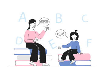 Child learns speak. Woman teaches girl to speak. Education and training for preschoolers. Development of childrens speaking skills. Linear vector illustration