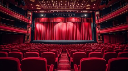 Theater scene interior with balconies and seats. Classic theater stage with a red curtain