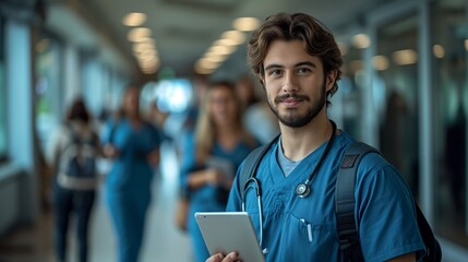A male nursing student in a blue uniform stands in a hospital hallway with a tablet and stethoscope. He looks directly at the camera with a slight smile.