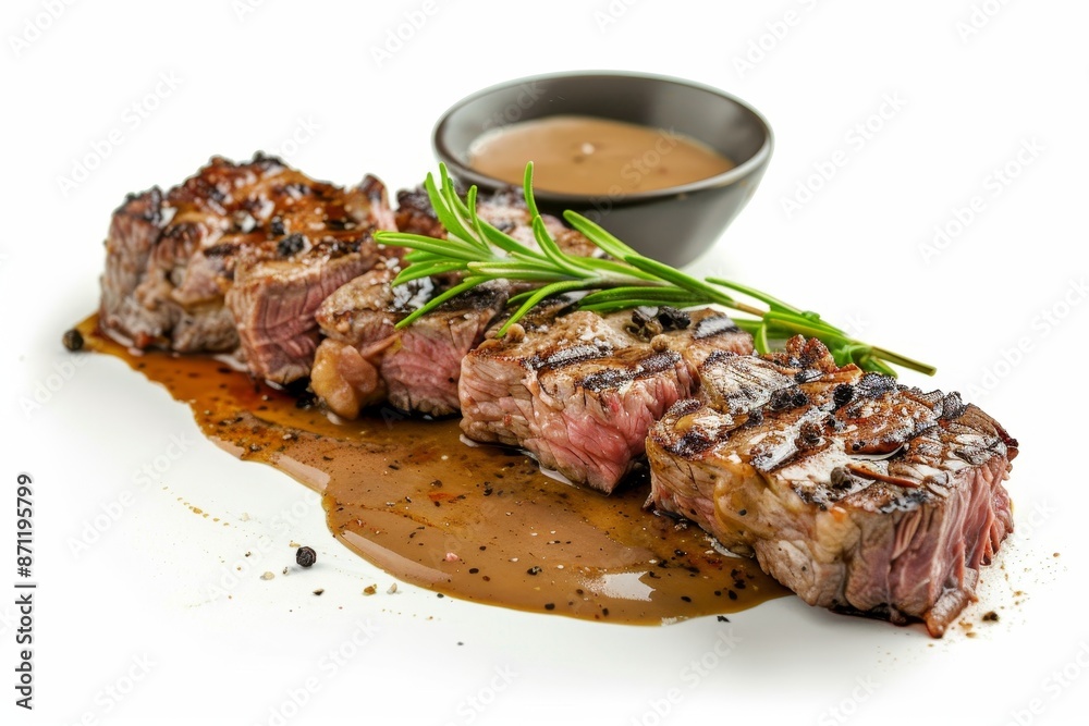 Poster Grilled sirloin steak with peppercorn sauce on white background