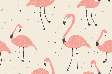 Obraz premium Simple Pink Flamingo Pattern With Black Legs and Hearts on a Cream Background