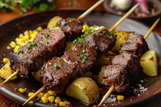 Grilled skewered beef heart with potatoes and corn a dish from Peru