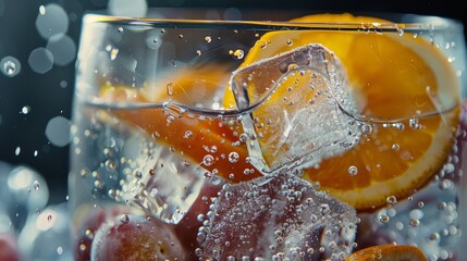 A glass of sparkling water with frozen grapes and slices of orange as fruity ice cubes