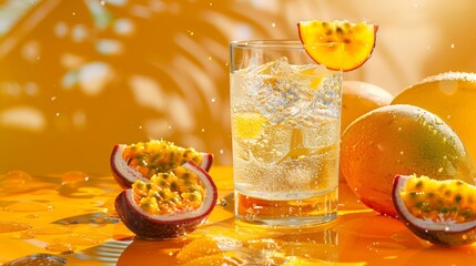 A glass of sparkling water with frozen slices of mango and passion fruit