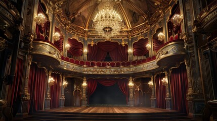 Obraz premium A grand opera house interior with ornate chandeliers and velvet curtains
