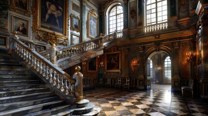 Obraz premium A grand staircase leading to a throne room adorned with portraits of monarchs