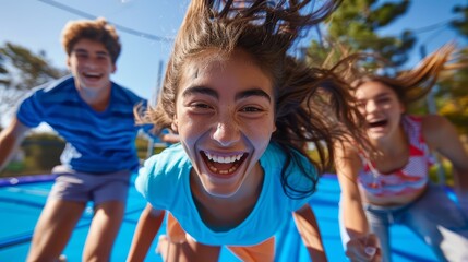 A group of friends having a blast on a trampoline, their faces beaming with excitement