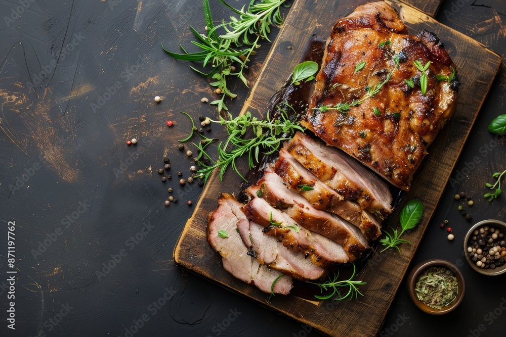 Wall mural Herbed and spiced pork sliced on board Top view with space