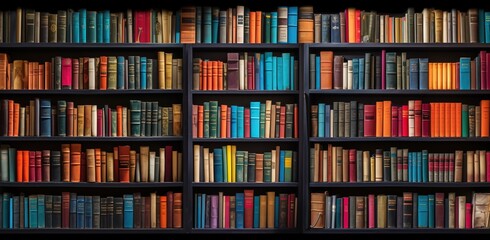 A wall of bookshelves filled with colorful books, representing the vastness and depth of knowledge in various topics. 