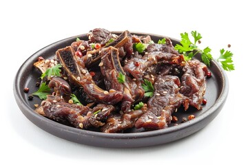 Fototapeta premium Hearty snack of pickled pork ears seasoned with pepper and coriander on white plate