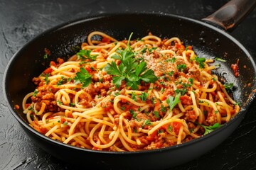 High quality photo of Bolognese sauce and pasta with parsley in frying pan on black background