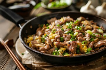 Homemade Chinese stir fry dish with marinated pork vegetables and mushrooms served in a frying pan