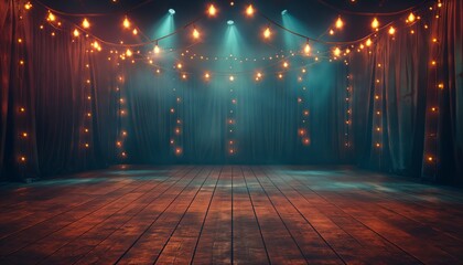 In a dimly lit environment, a stage is shown with hanging string lights and curtains, providing a warm and intimate atmosphere perfect for small performances and gatherings.