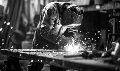 Monochrome Landscape of Welding in a Metalworking Workshop