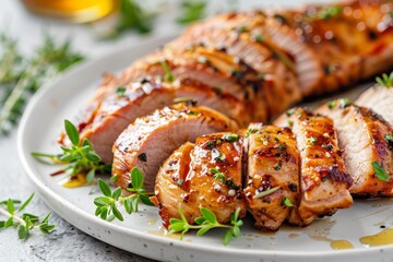 Honey glazed pork slices on a plate