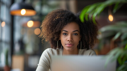 Focused Young Businesswoman Working on Laptop in Modern Office - Professional Female with Natural Hair - Ideal for Business, Technology, and Productivity Themes
