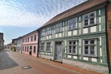 Old houses of the German town Ueckermunde built of wattle and daub and half-timbered wall