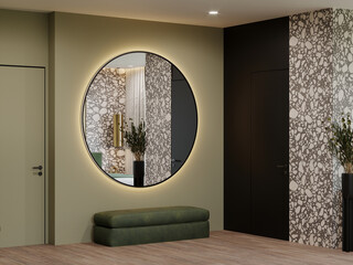 Hotel room entrance. Corridor with large mirror. Door area lobby. 