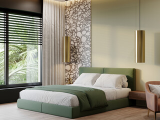 Hotel room. Premium bedroom with green colors. Gold accents.