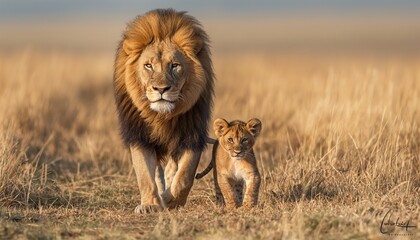 A powerful lion with a full mane walks alongside a curious young cub in the vast African savannah, showcasing the bond between the majestic predator and its offspring.