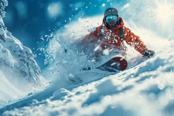 Snowboarder Cutting Through Powder in a Blue Sky
