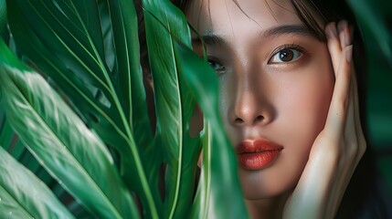 Naklejka premium Asian girl among leaves in the forest, Asian model