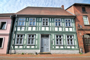 Old houses of the German town Ueckermunde built of wattle and daub and half-timbered wall