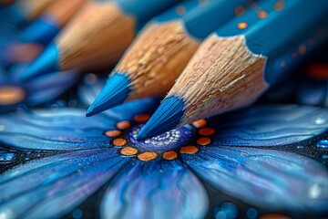 Obraz premium Close-Up of Blue Colored Pencils Drawing an Intricate Flower Pattern
