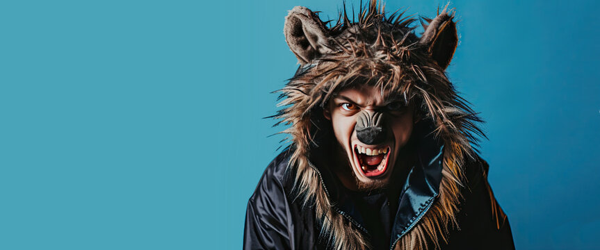 Young Man Dressed as a Werewolf for Halloween on a Blue Background with Space for Copy