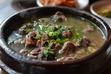 Korean cuisine including beef and various side dishes such as beef soup boiled pork and salted squid